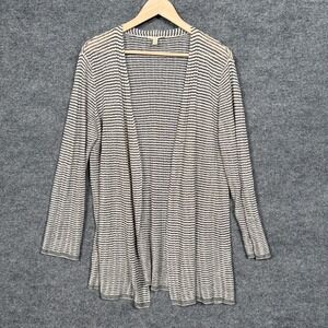 Eileen Fisher Size Medium Cardigan Gray Striped Organic Linen Nylon Open Knit